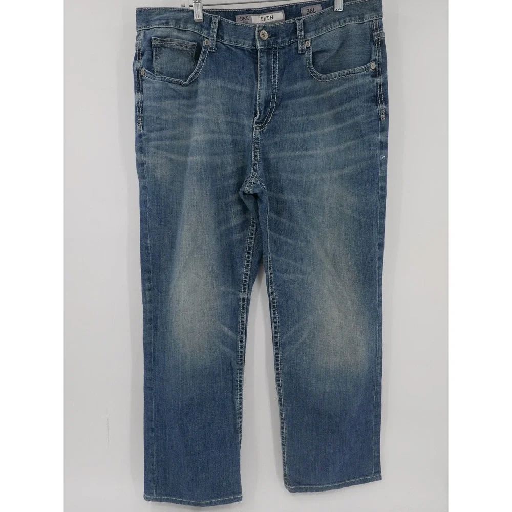 BKE Seth Straight Leg Jeans Blue Medium Wash Distressed Denim Men's 36x31